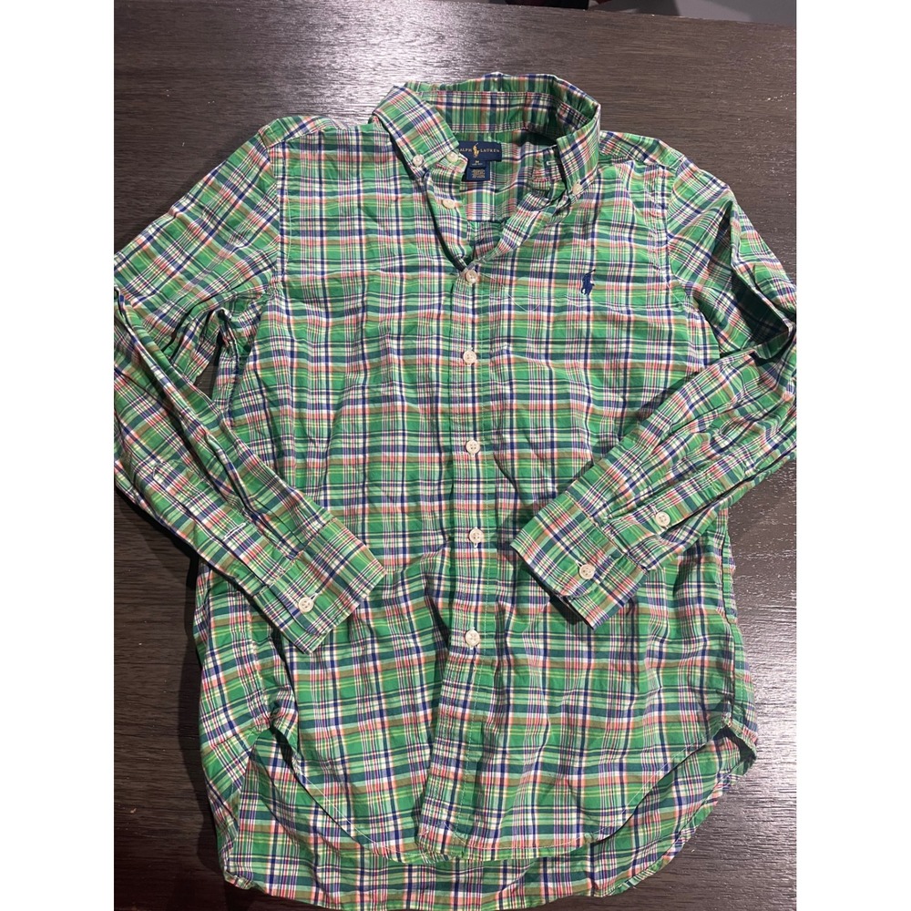 Ralph Lauren Boys Size M 10-12 Green Plaid Button Down Shirt Long Sleeve Pony